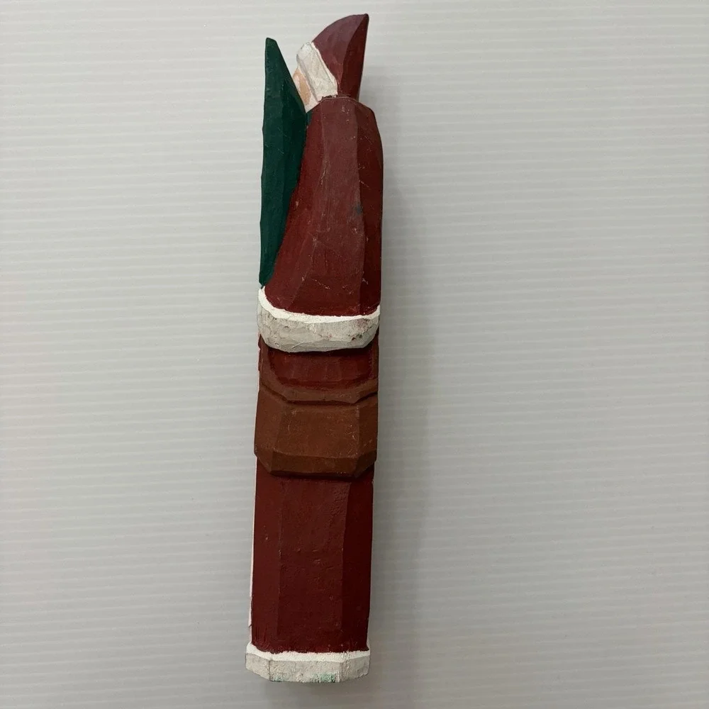 Folk Art Hand Carved Wood Santa Claus Holding Christmas Tree Primitive Rustic